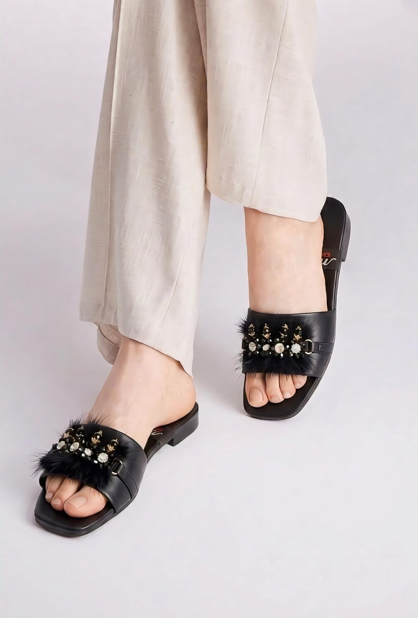Black Embellished Fur Strap Slippers