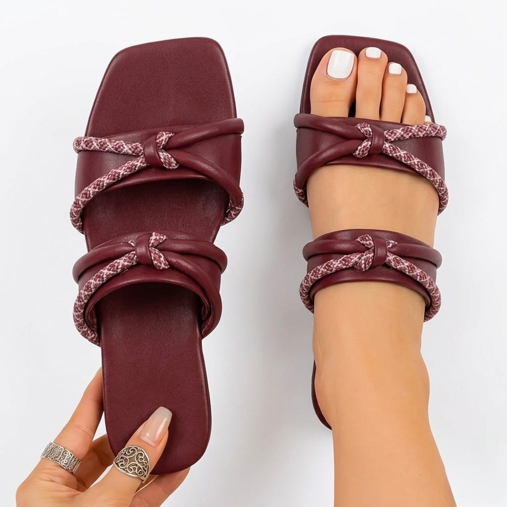 Maroon Braided Rope Flat Slippers