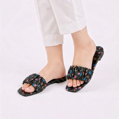 Black Floral Ruched Strap Flat Slide Slippers