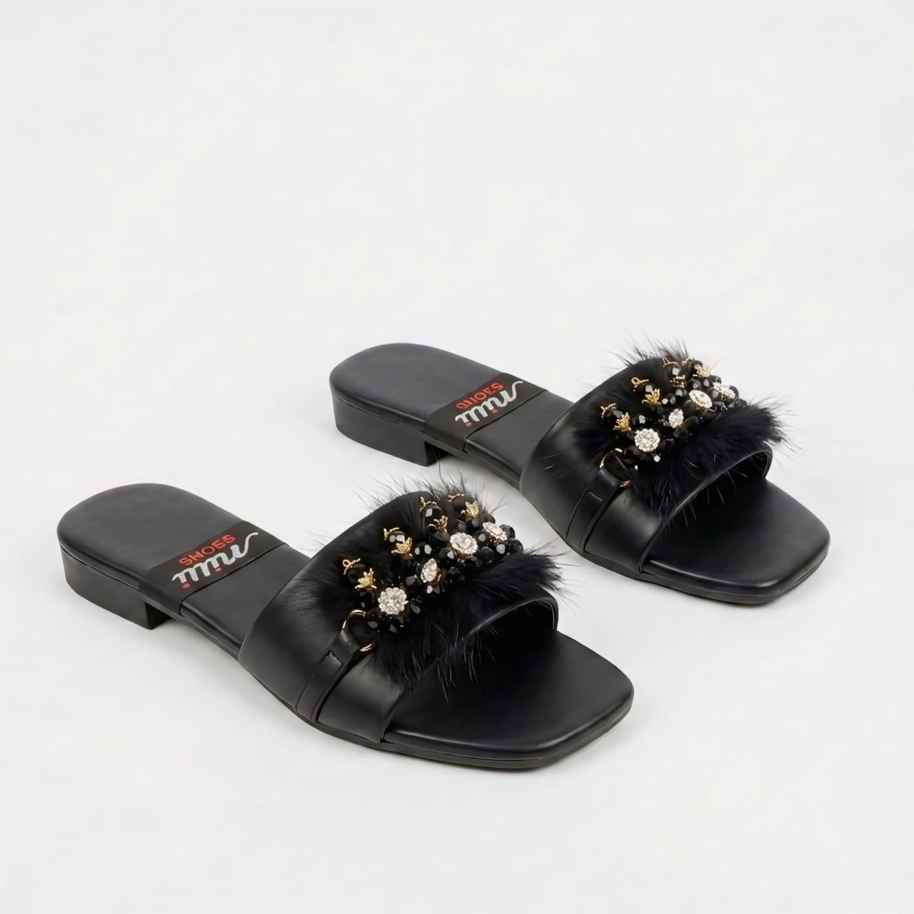Black Embellished Fur Strap Slippers