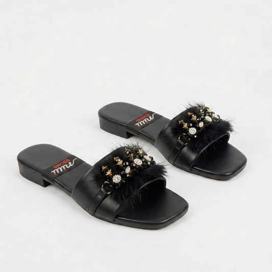 Black Embellished Fur Strap Slippers