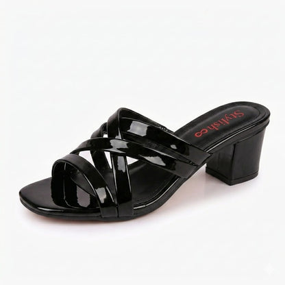 Black Patent Cross-Strap Block Heel Slippers