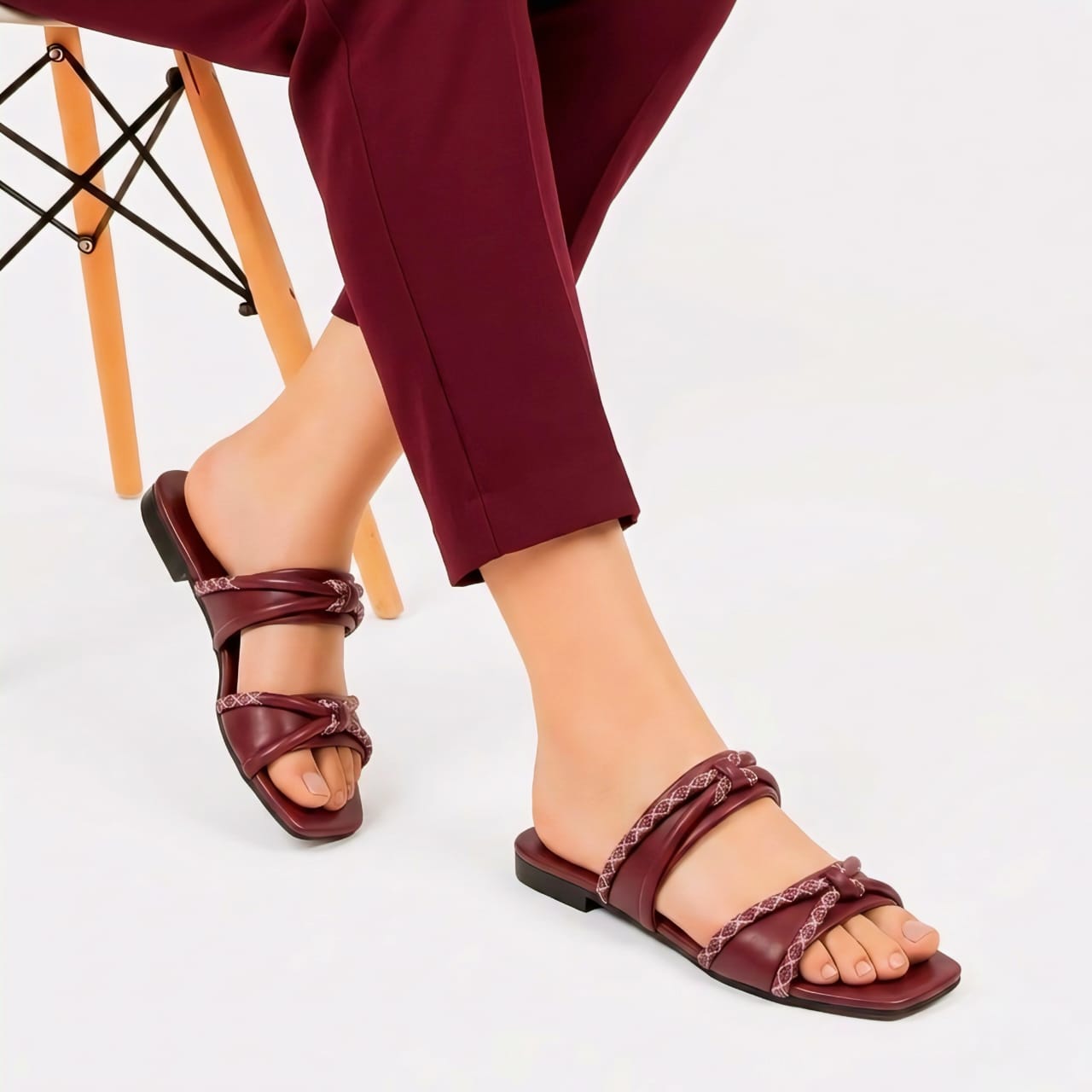 Maroon Braided Rope Flat Slippers