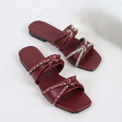 Maroon Braided Rope Flat Slippers