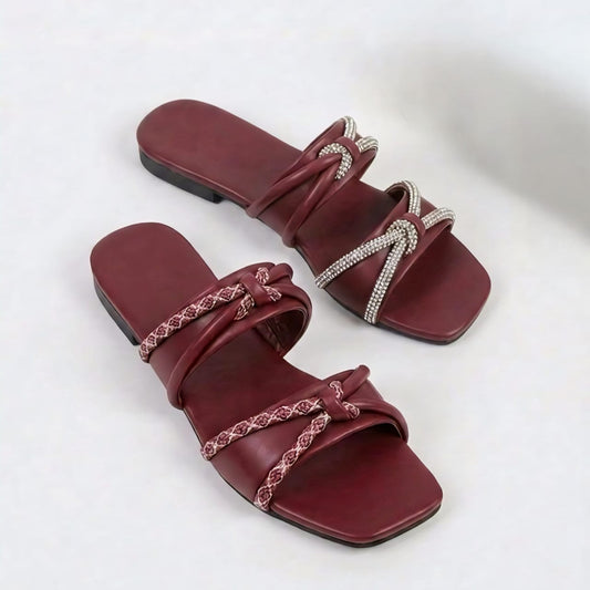 Maroon Braided Rope Flat Slippers