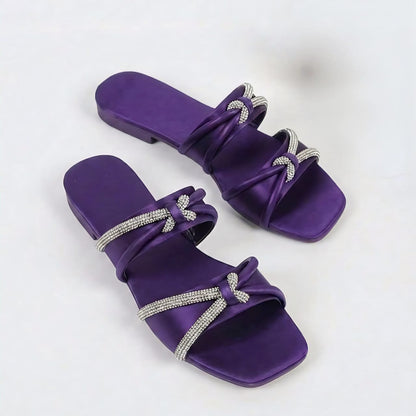 Purple Rhinestone Knotted Flat Slippers