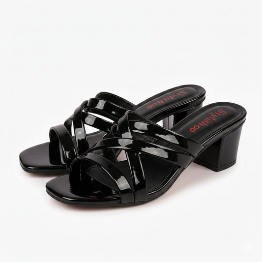 Black cross-strap sandals display - white background