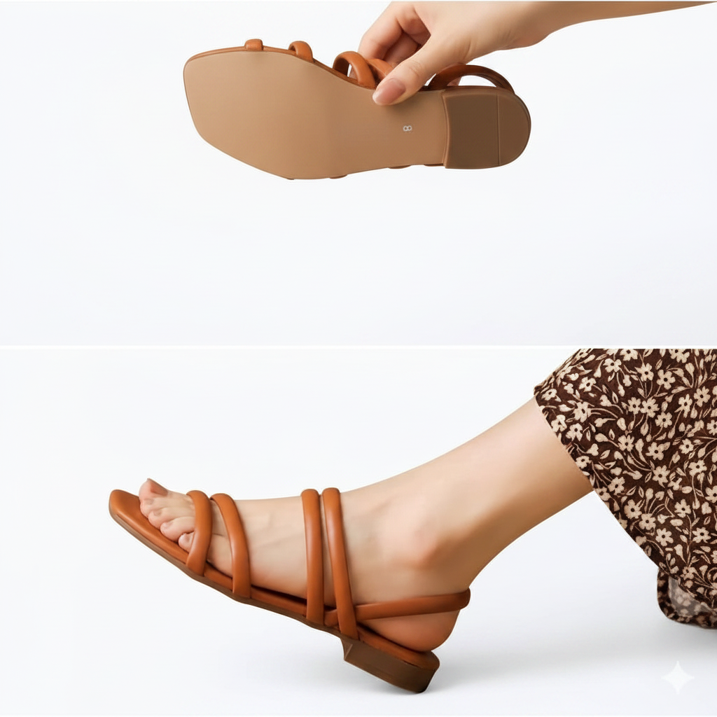 Tan brown multi-strap flat sandal hand view - white background