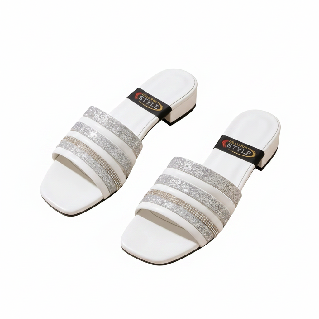 White rhinestone block heel sandals pair - white background
