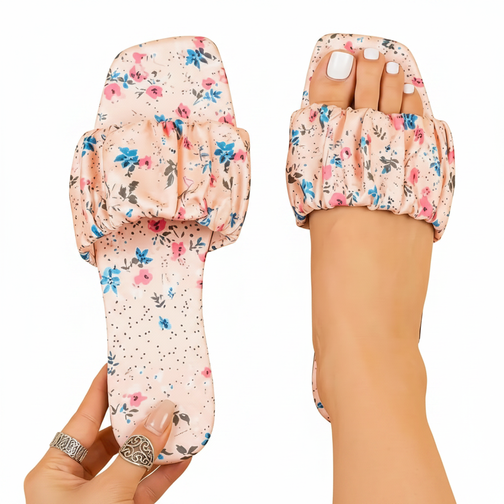 Pink floral sandals top view - white background